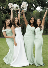 Alexia | Mermaid Off the Shoulder Champagne Stretch Satin Maxi Bridesmaid Dress with Pleated and Sweetheart Neck - Price #price_variant_lowest# - Sage - PromDressClub